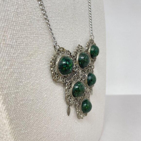 Vintage Boho Necklace Marked Jerusalem Green Natural‎ Funky Long Bib Silver-Tone - Picture 3 of 12